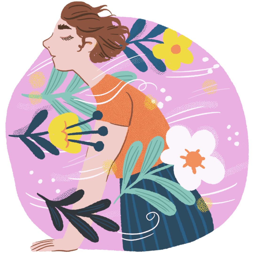 Person with Flowers and Wind Illustration of a serene person breathing deeply, surrounded by vibrant flowers and flowing wind, symbolizing calm, mindfulness, and emotional release.