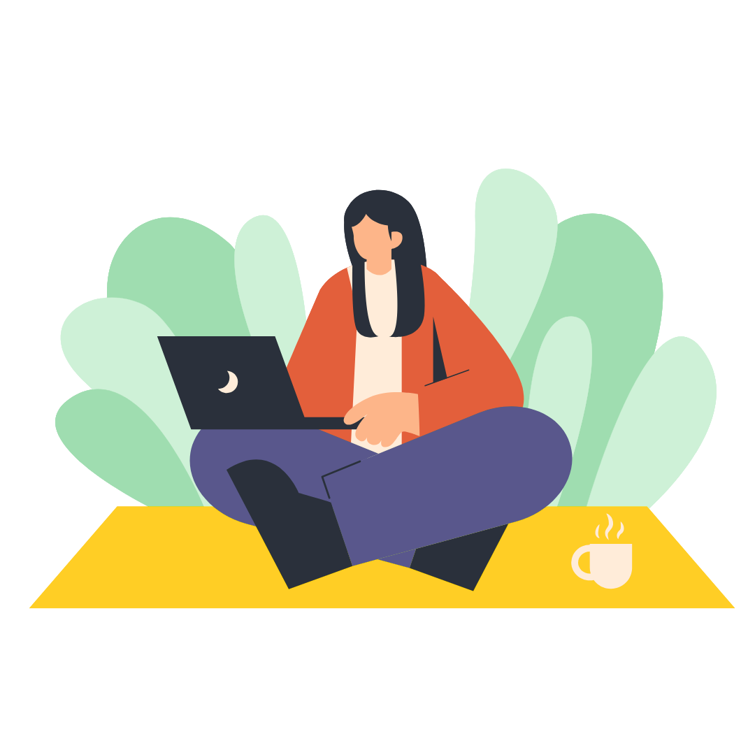 Person with Laptop Illustration of a person practicing self-care while working on a laptop outdoors, symbolizing mental wellness, online therapy, and mindfulness.